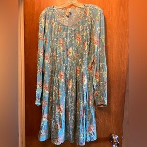 Women's Teal Floral Long-Sleeve Pin Tuck Knee Length Dress Size M